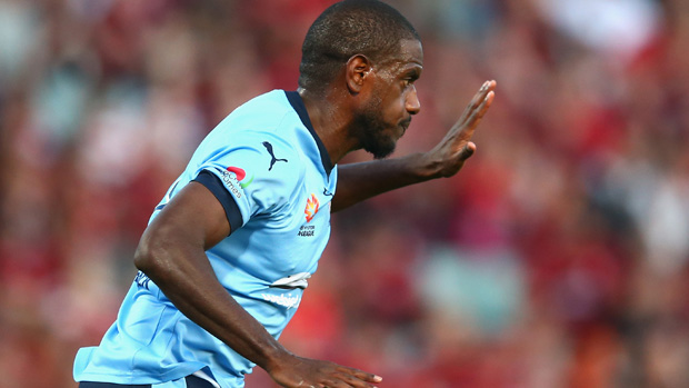 Jacques Faty celebrates scoring for Sky Blues in the Round 15 Sydney Derby.